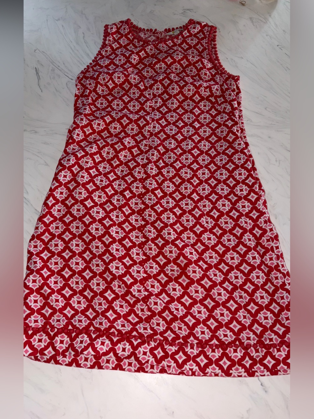 Boden red pink geometric Dress linen 10 L romaine shift black print pom pom